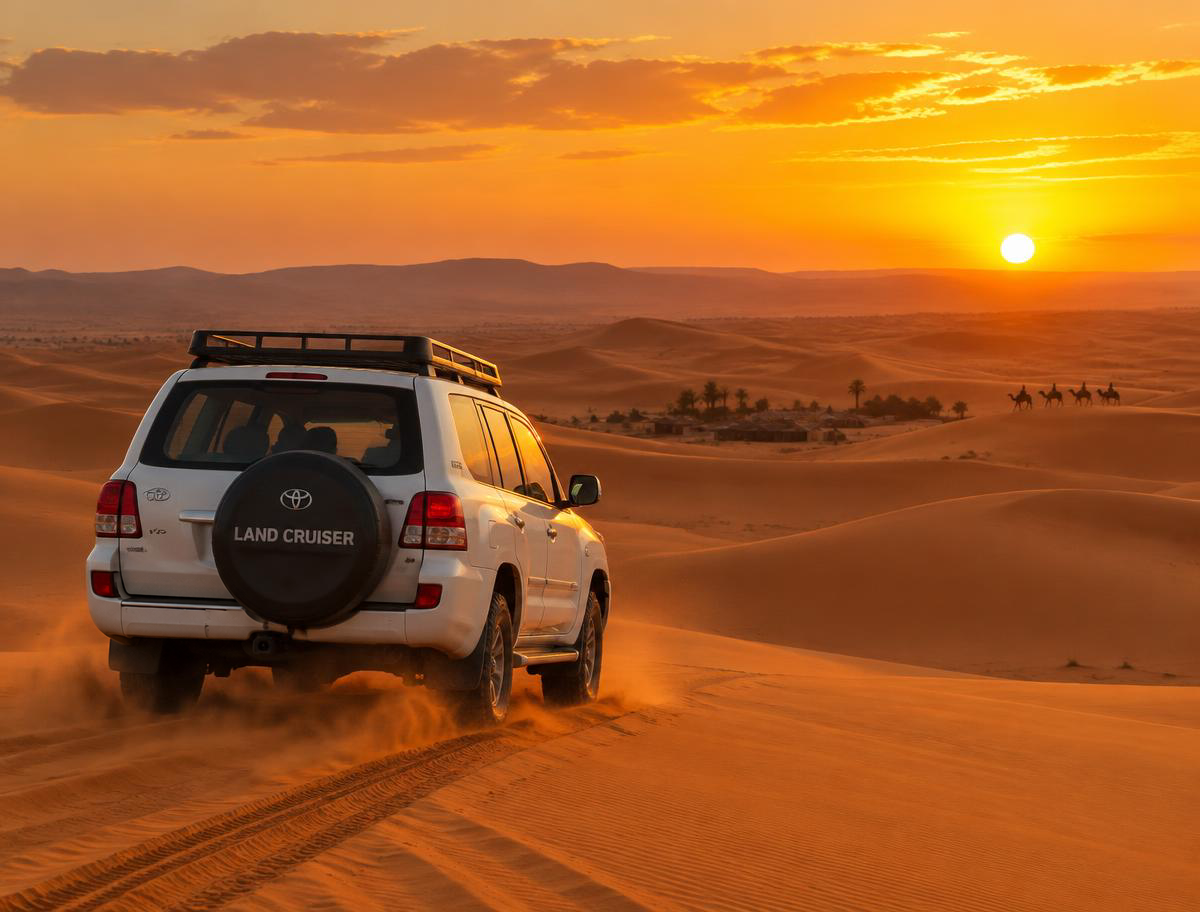 4x4 vehicle on the Merzouga Sahara dunes at sunset